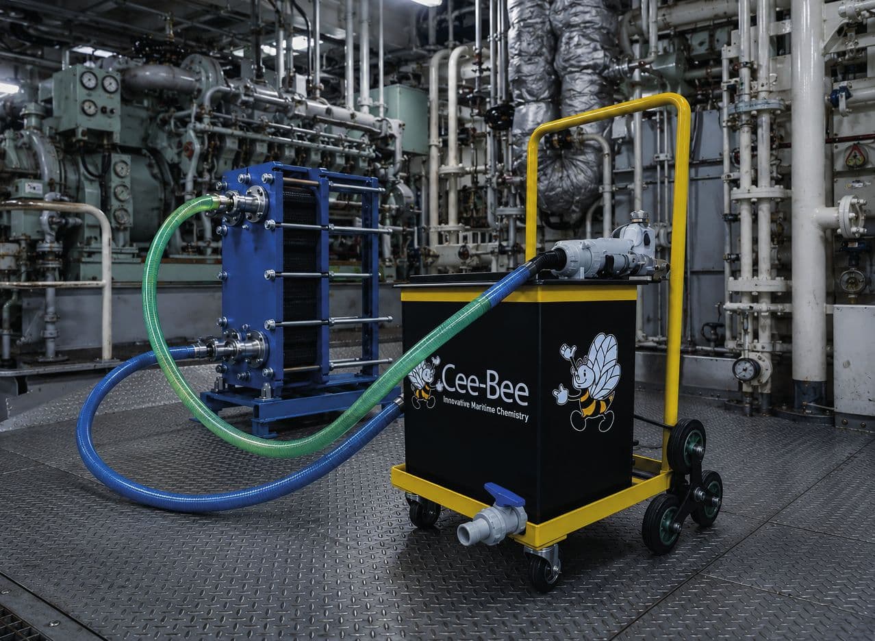 HX CleanFlow 70 connected to a heat exchanger in an engine room
